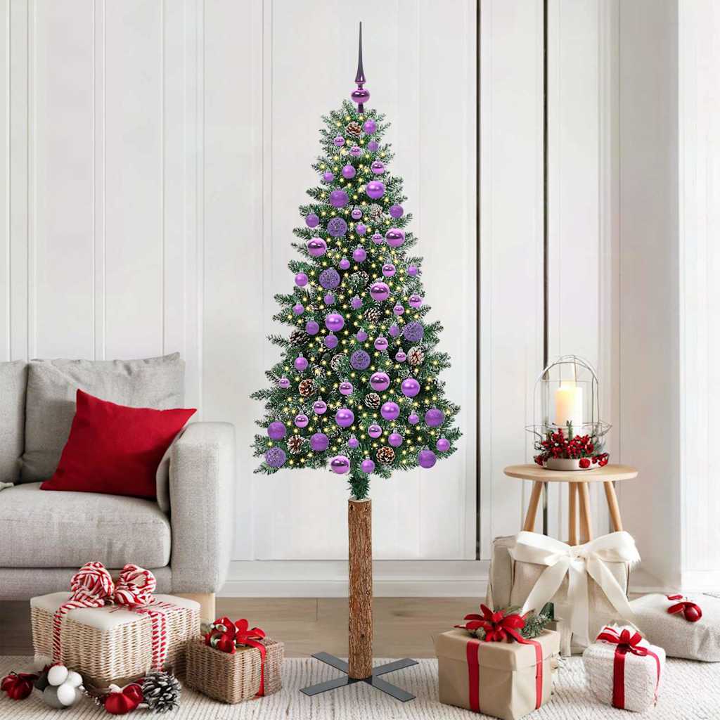 Slim juletre Grønn og hvit 180 cm PVC og Massivt Furu tre
