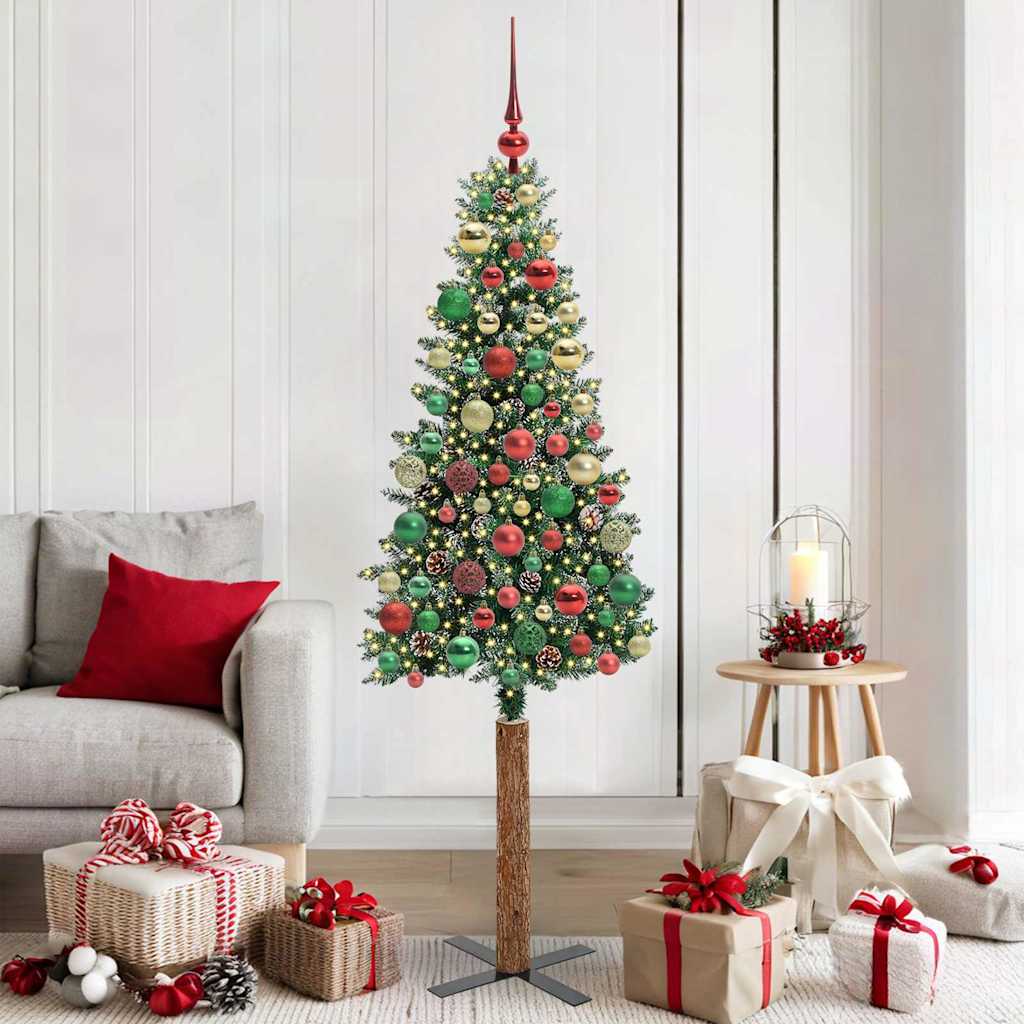 Slim juletre Grønn og hvit 180 cm PVC og Massivt Furu tre