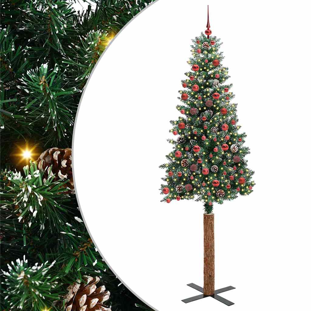 Slim juletre Grønn og hvit 210 cm PVC og Massivt Furu tre