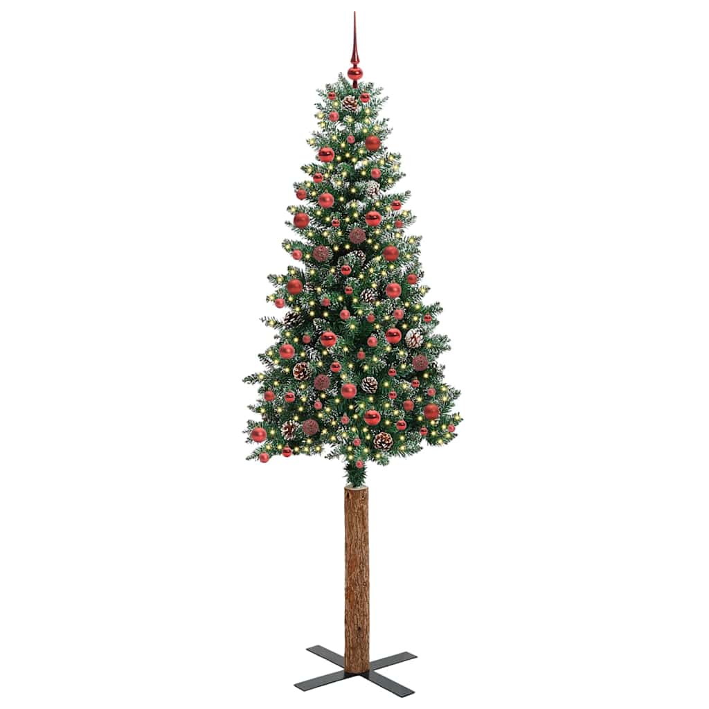 Slim juletre Grønn og hvit 210 cm PVC og Massivt Furu tre