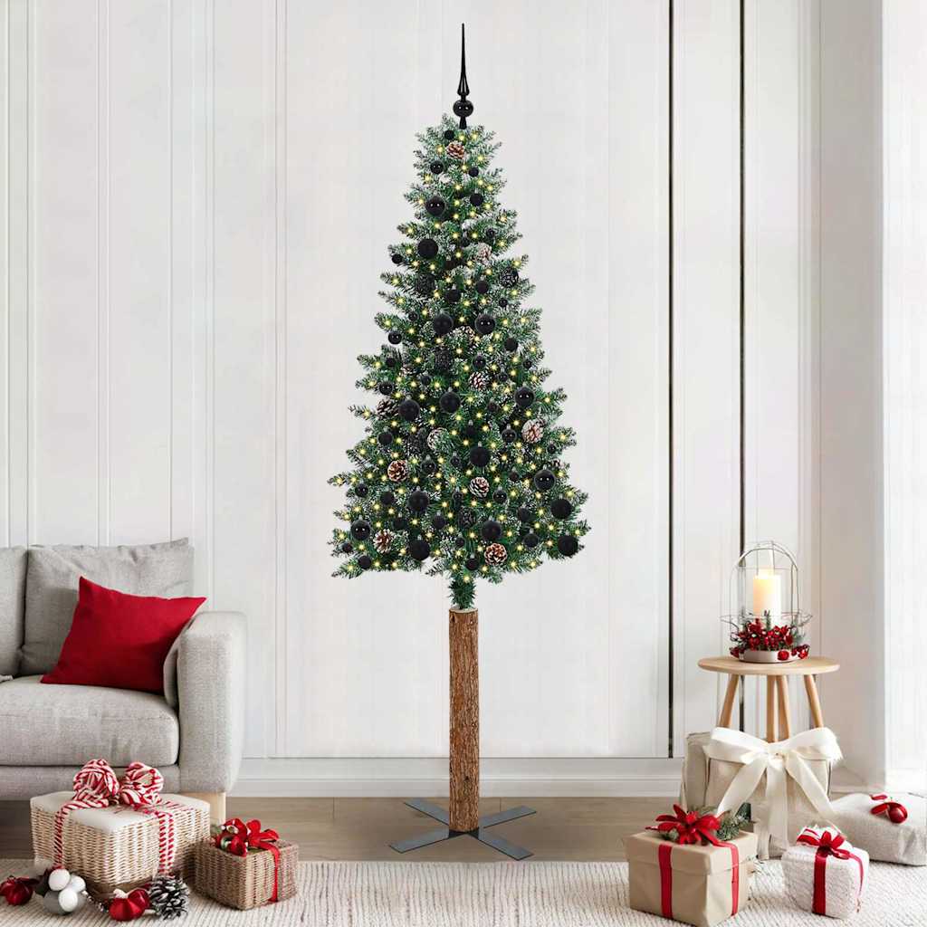 Slim juletre Grønn og hvit 210 cm PVC og Massivt Furu tre