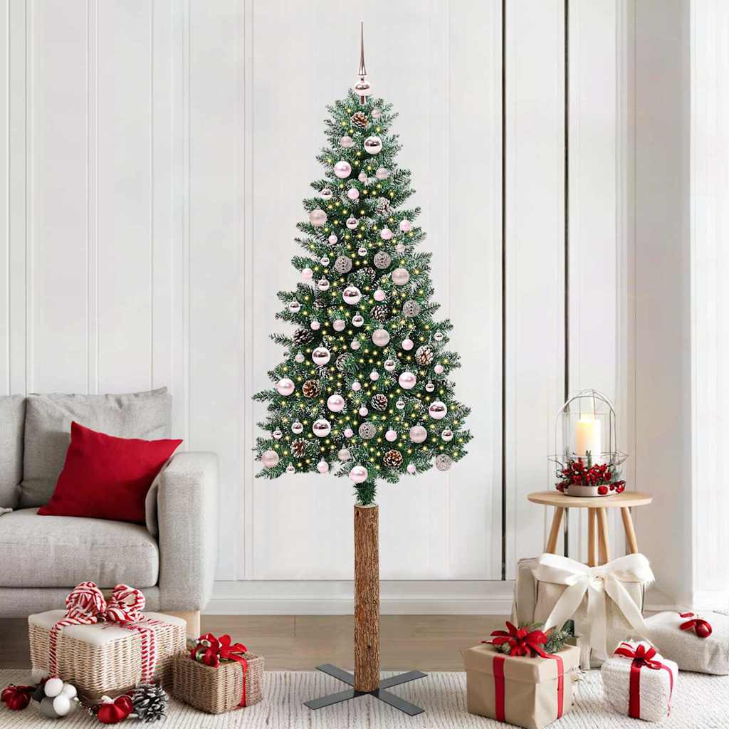 Slim juletre Grønn og hvit 210 cm PVC og Massivt Furu tre