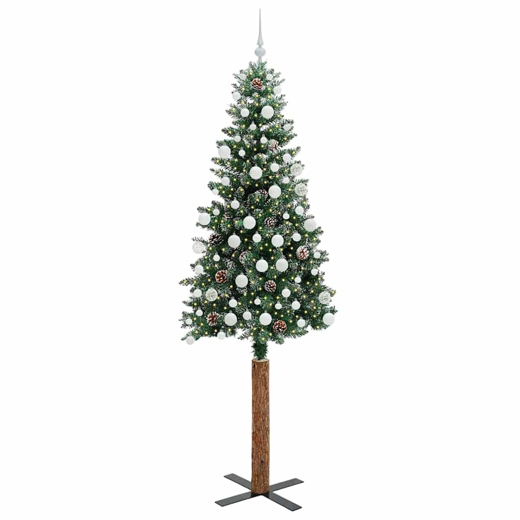 Slim juletre Grønn og hvit 210 cm PVC og Massivt Furu tre