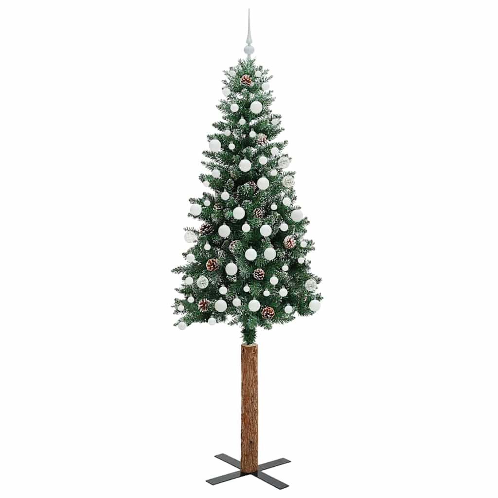 Slim juletre Grønn og hvit 210 cm PVC og Massivt Furu tre