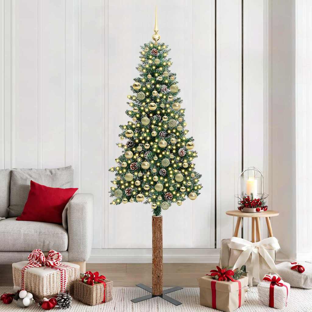 Slim juletre Grønn og hvit 210 cm PVC og Massivt Furu tre