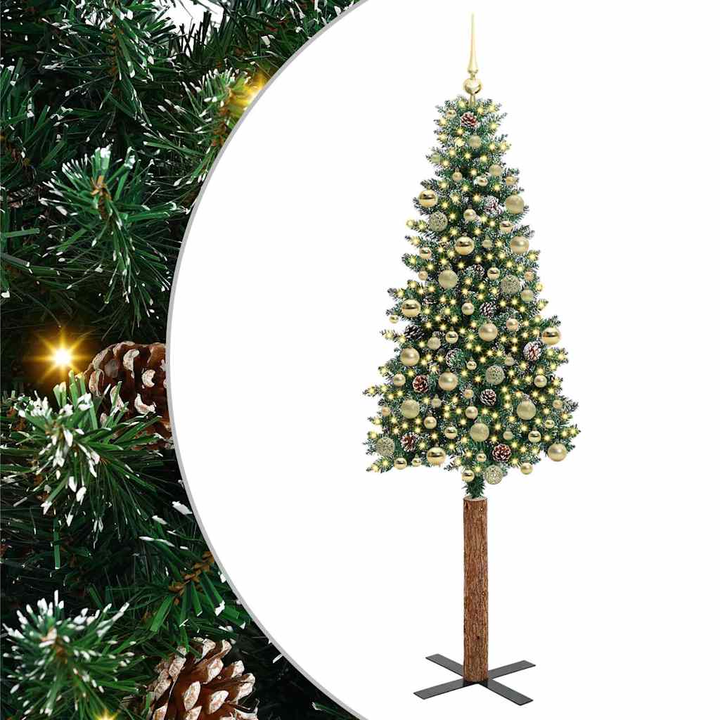 Slim juletre Grønn og hvit 210 cm PVC og Massivt Furu tre