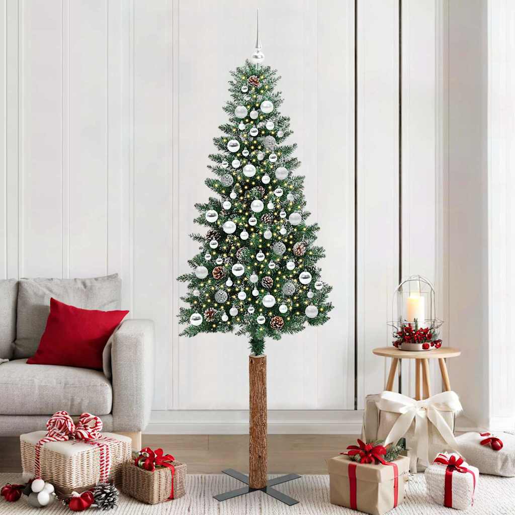 Slim juletre Grønn og hvit 210 cm PVC og Massivt Furu tre