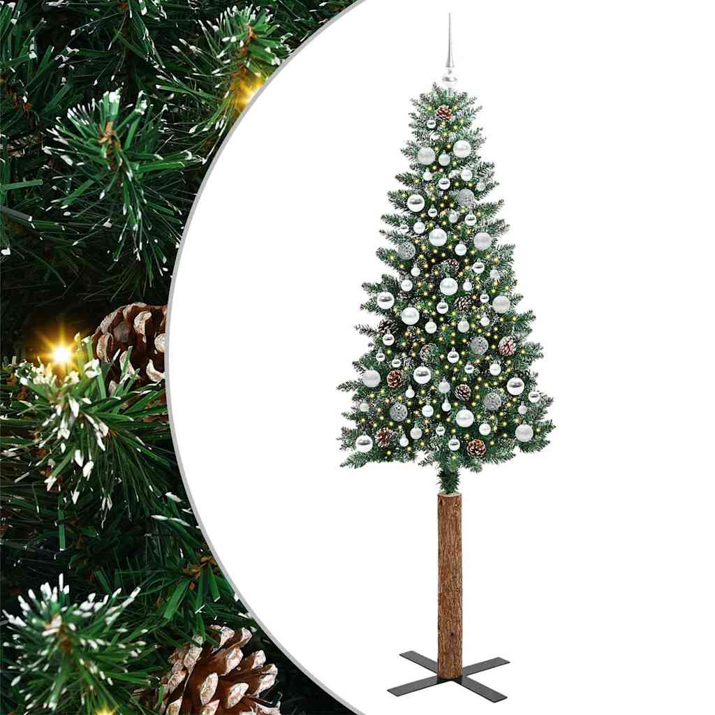 Slim juletre Grønn og hvit 210 cm PVC og Massivt Furu tre