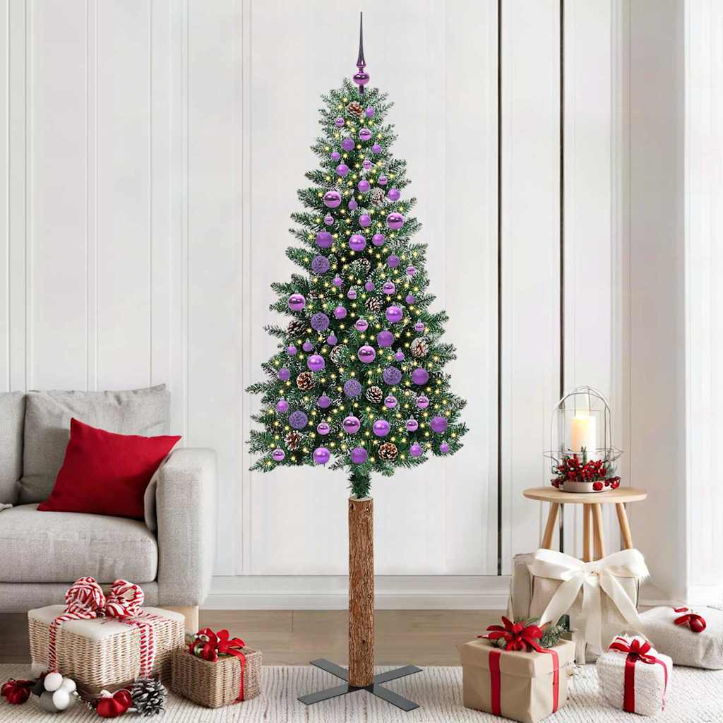 Slim juletre Grønn og hvit 210 cm PVC og Massivt Furu tre