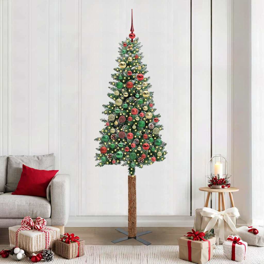Slim juletre Grønn og hvit 210 cm PVC og Massivt Furu tre