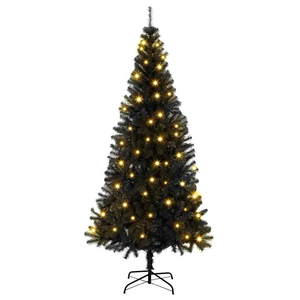 Kunstig juletre med LED -stripelys Svart 180 cm PVC