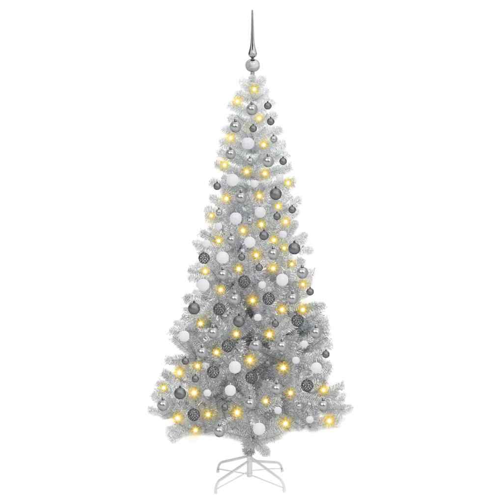 Kunstig juletre med LED -stripelys sølv 180 cm PET