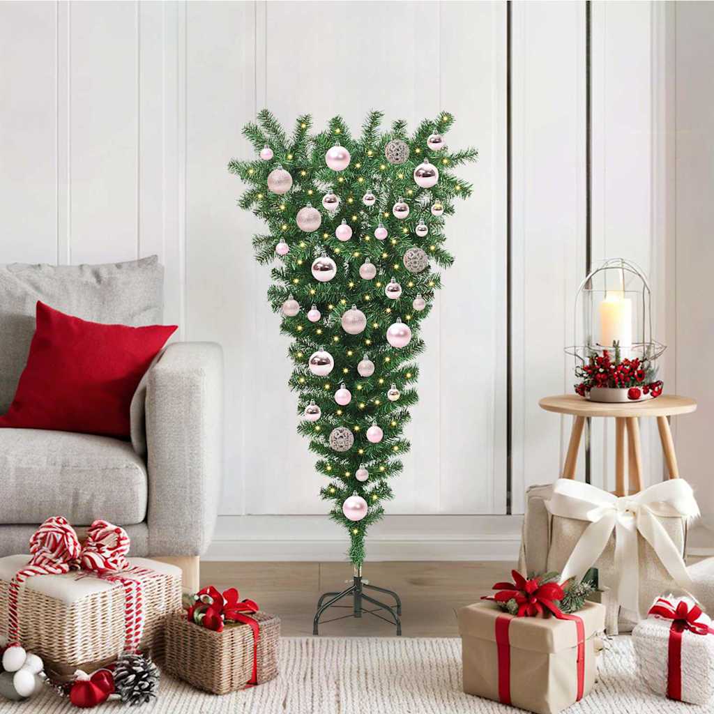 Opp-ned kunstig forlykt juletre med kule sett grønn 120 cm PVC