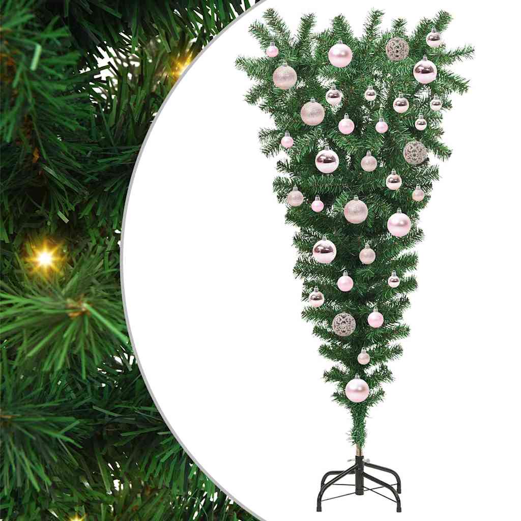 Opp-ned kunstig forlykt juletre med kule sett grønn 120 cm PVC