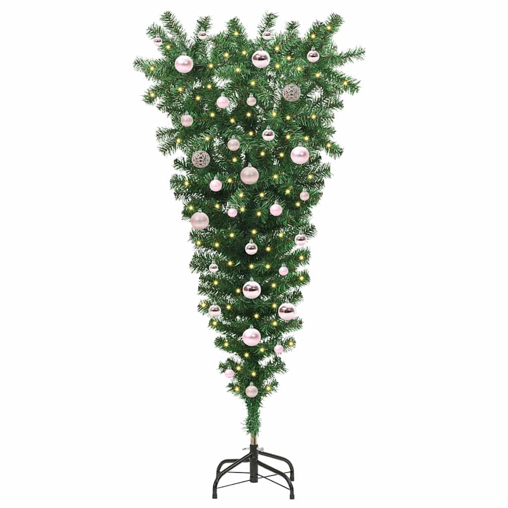 Opp-ned kunstig forhåndsbelyst juletre med kule sett 150 cm