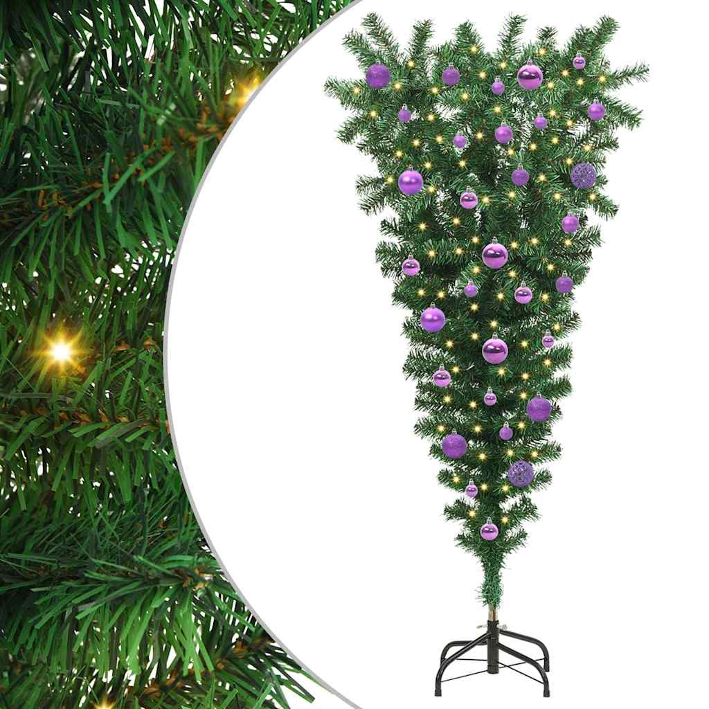 Opp ned Künstig forberedt juletre med ballsett grønn 150 cm PVC