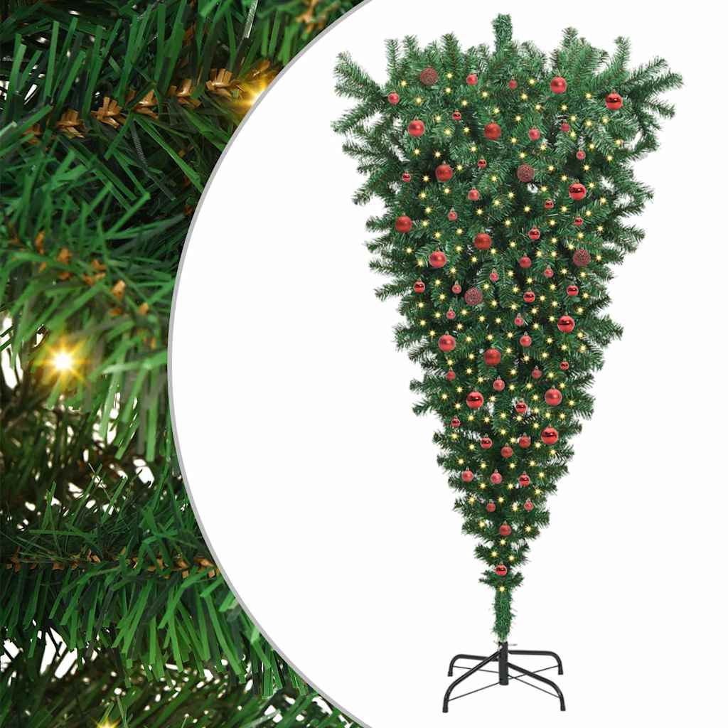 Opp-ned kunstig forhåndsbelyst juletre med ballsett 210 cm