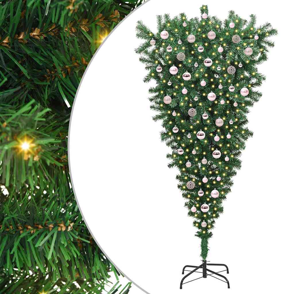 Opp-ned kunstig forhåndsbelyst juletre med kule sett 210 cm