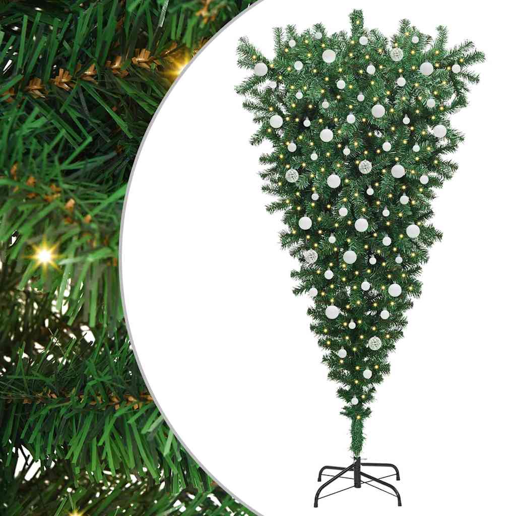 Opp-ned kunstig juletræ med baller med 300 LED grønn 210 cm PVC