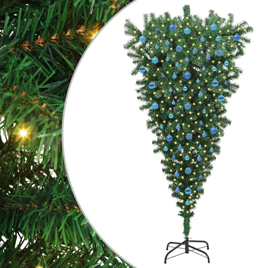 Opp-ned kunstig forhåndsbelyst juletre med kule-sett 210 cm