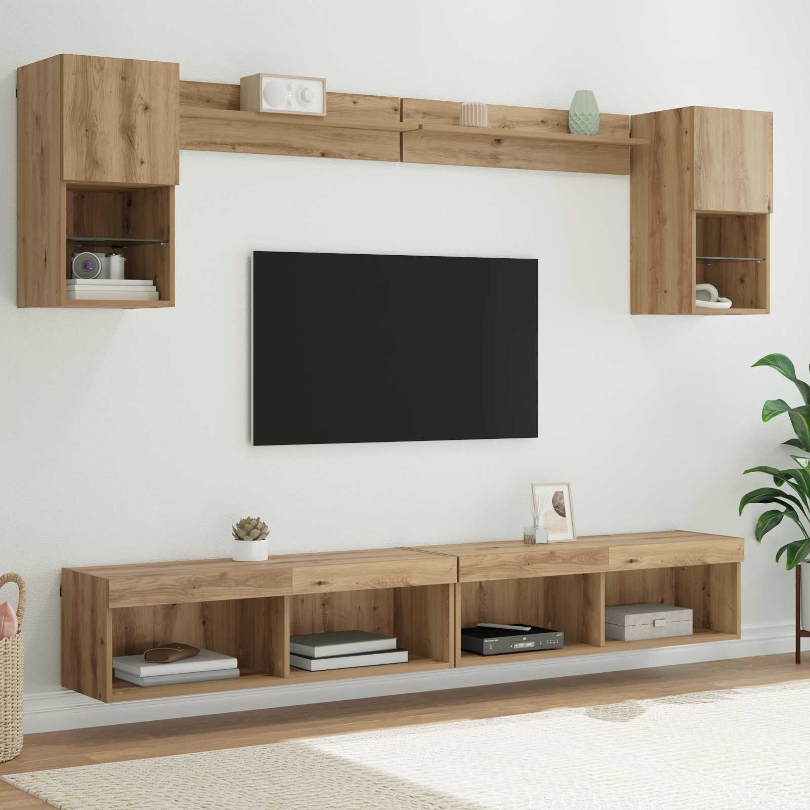 TV veggenheter med LED Veggmontert 6 pcs Artisan Eik Konstruert tre