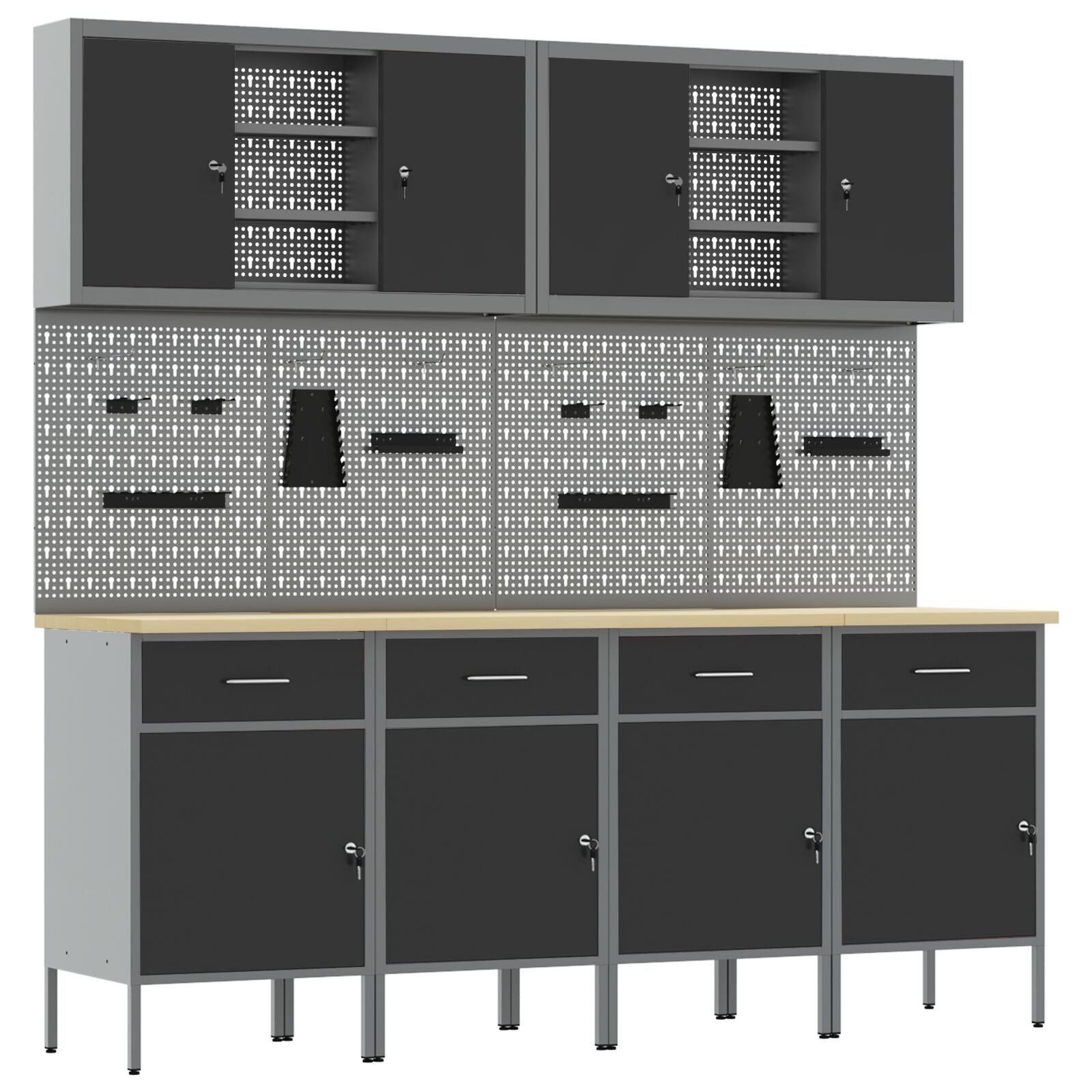 10-delt arbeidskabinett- og pegboard-sett i svart MDF og metall