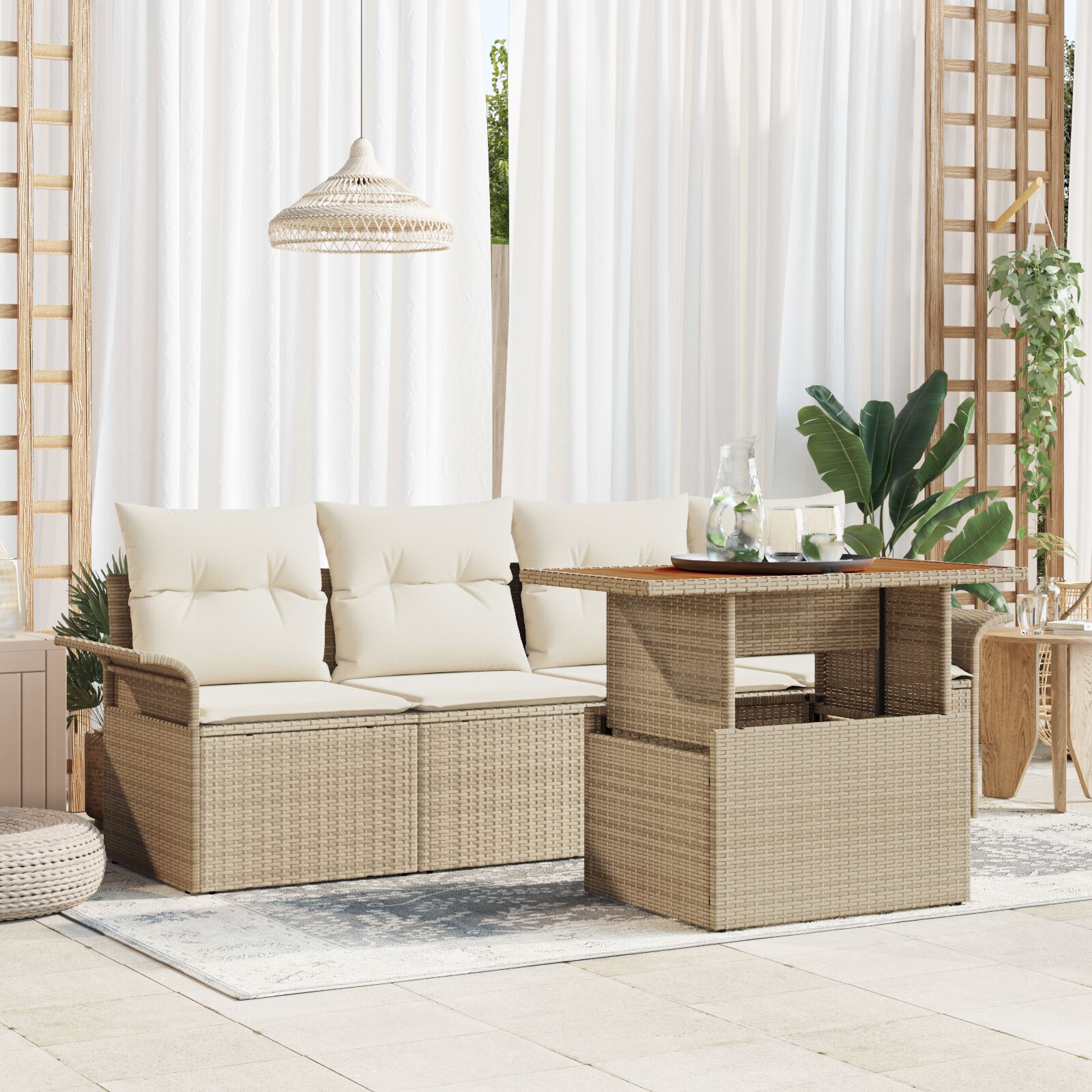 5-delt hagesofa-sett med puter Beige poly-rotting akacia