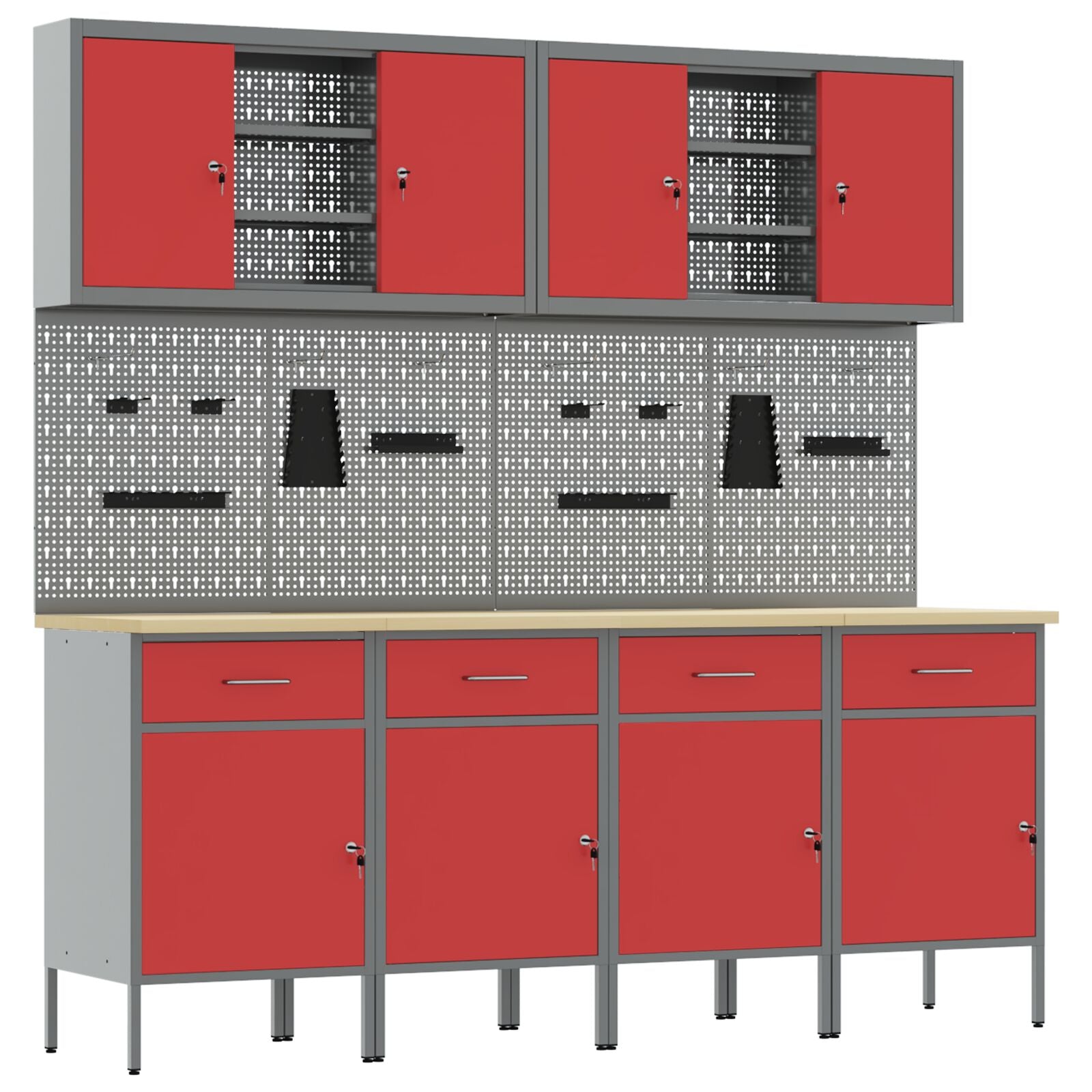 10-delt arbeidskabinet og pegboard sett i rød MDF og metall