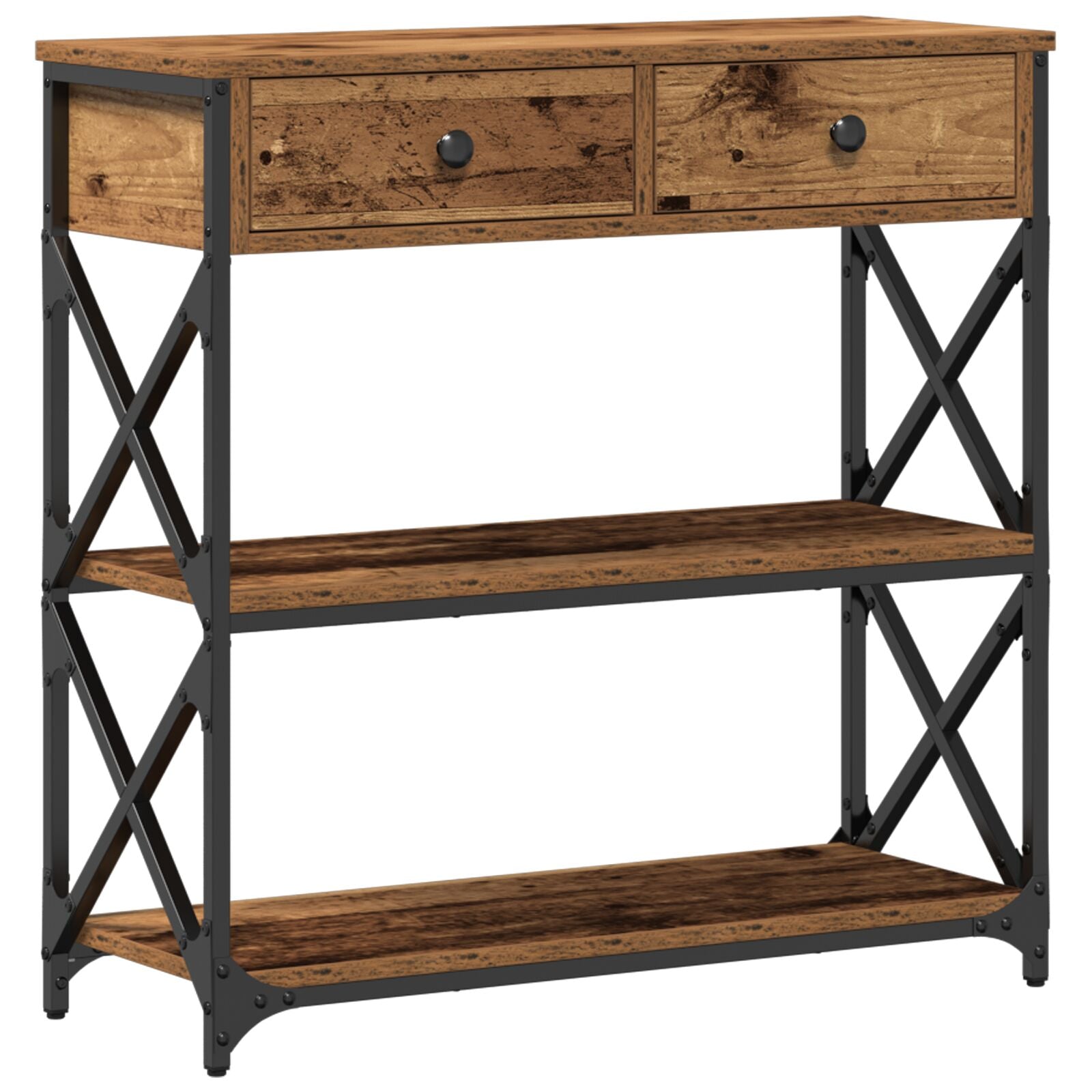Konsollbord i gammel tre 75x28x75 cm laget av konstruert tre og stål