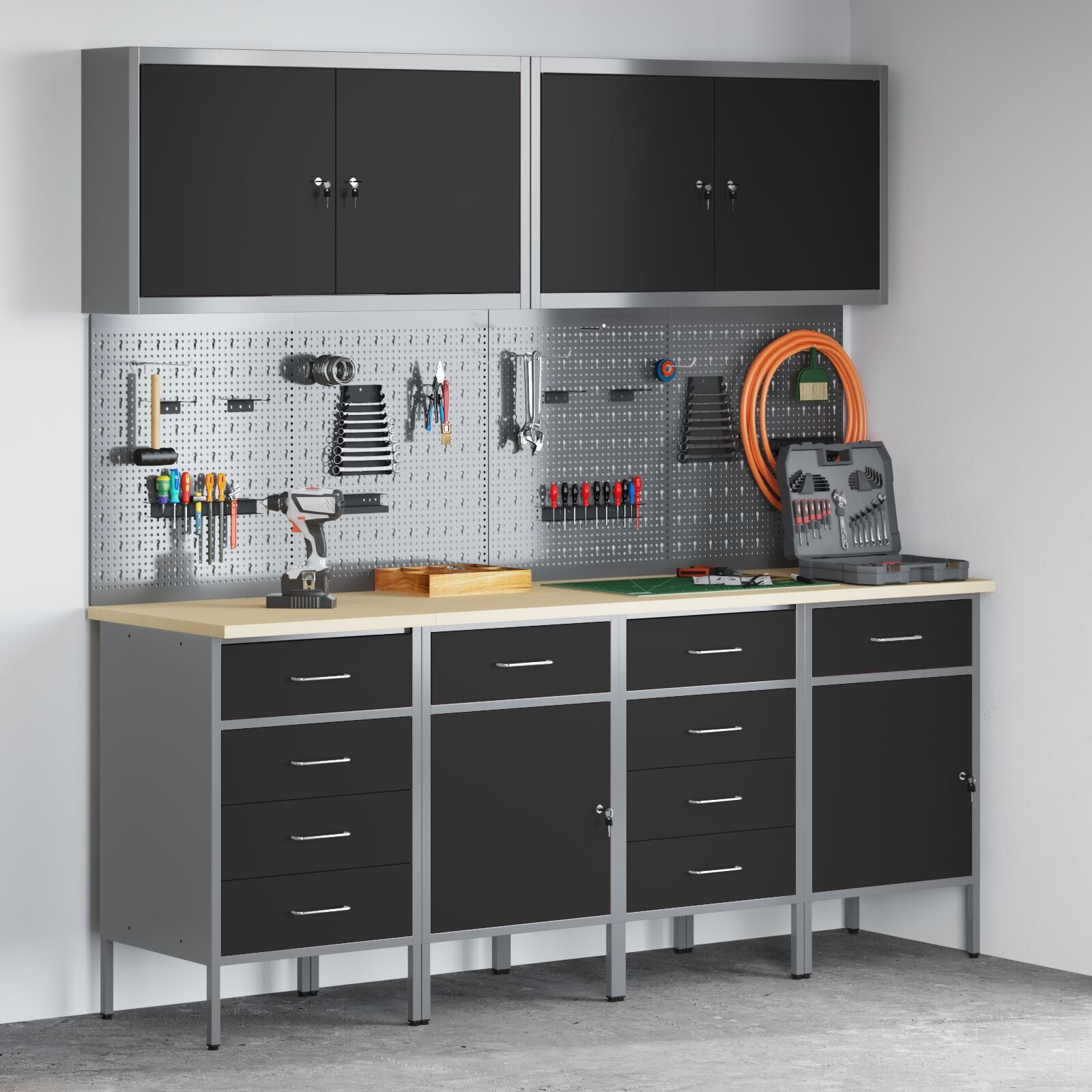 10-delt arbeidskabinet og pegboard-sett i svart MDF og metall