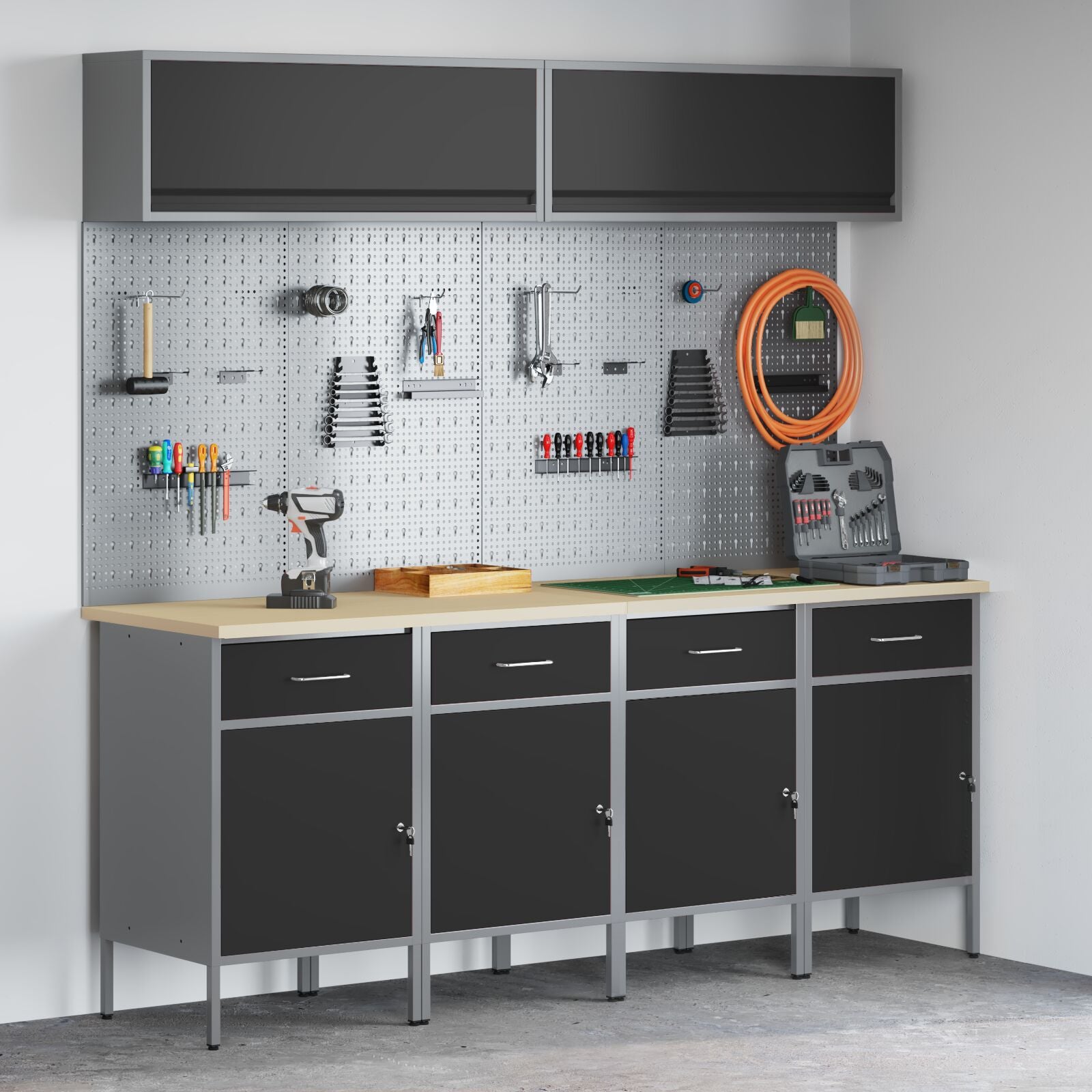 10-delt arbeidskabinett og pegboard-sett svart MDF og metall