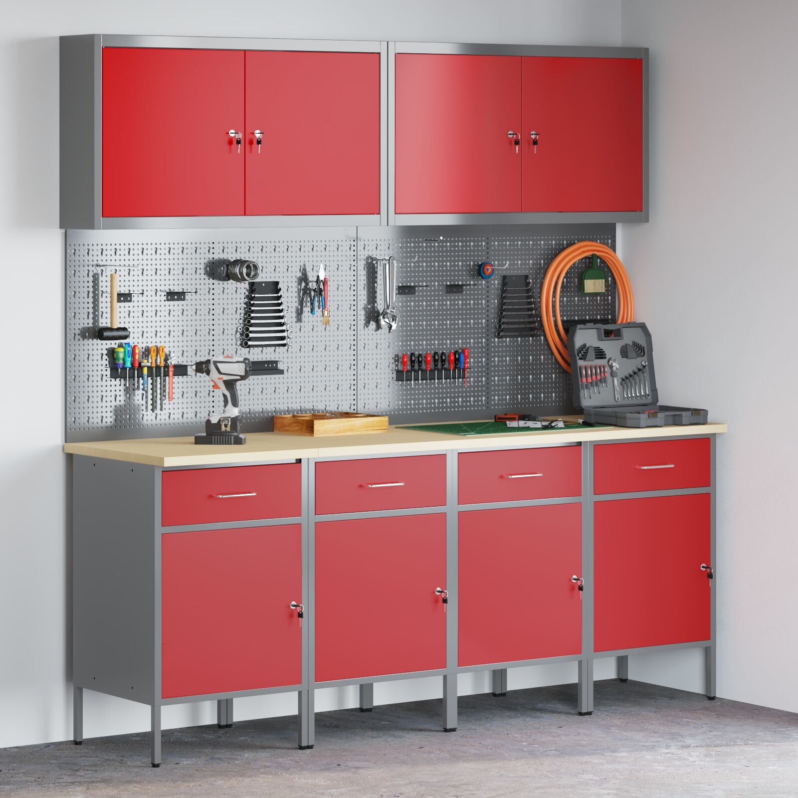 10 Delt Arbeidskabinet og Pegboard Sett Rød MDF og Metall