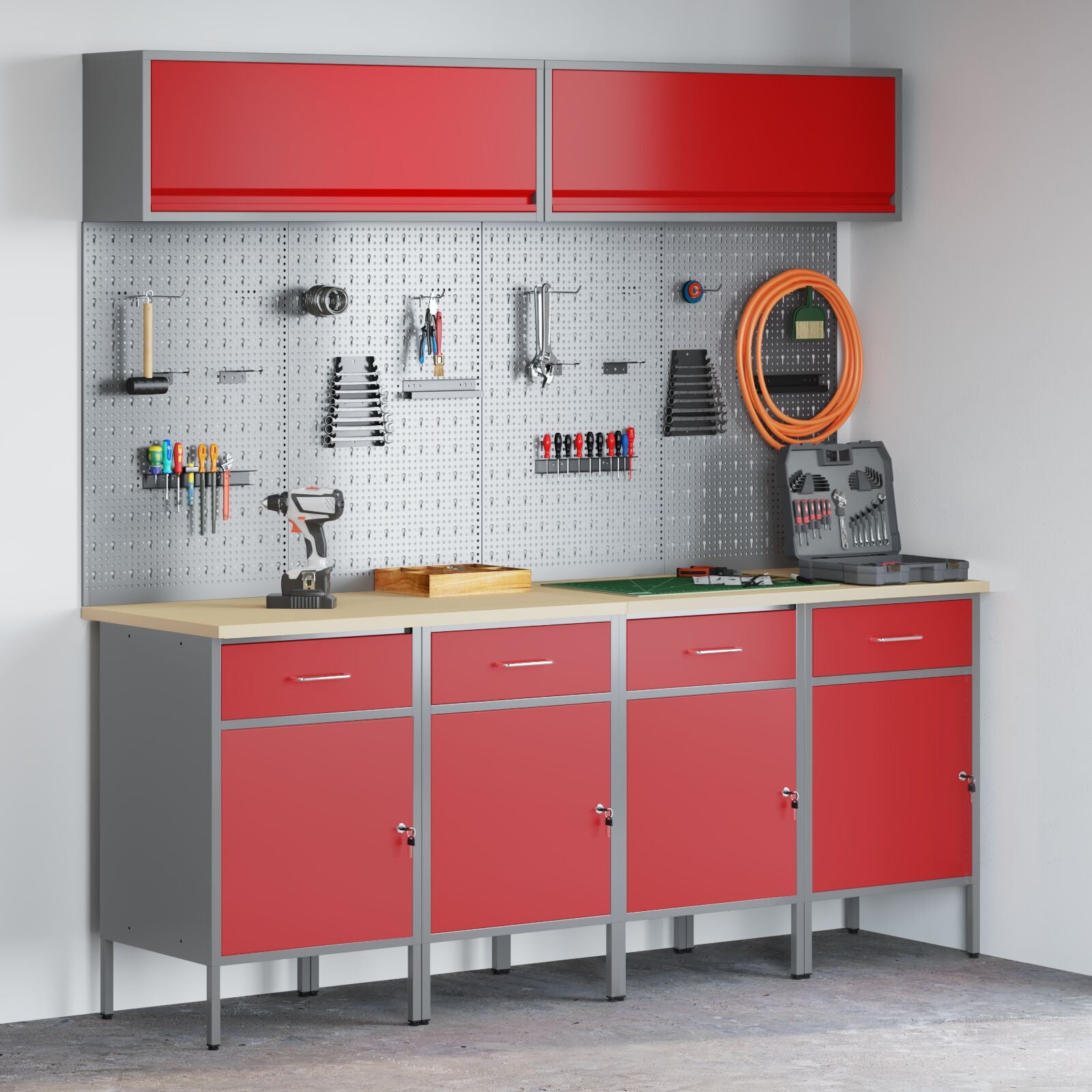 10-dels arbeidskabinett og pegboard sett i rød MDF og metall