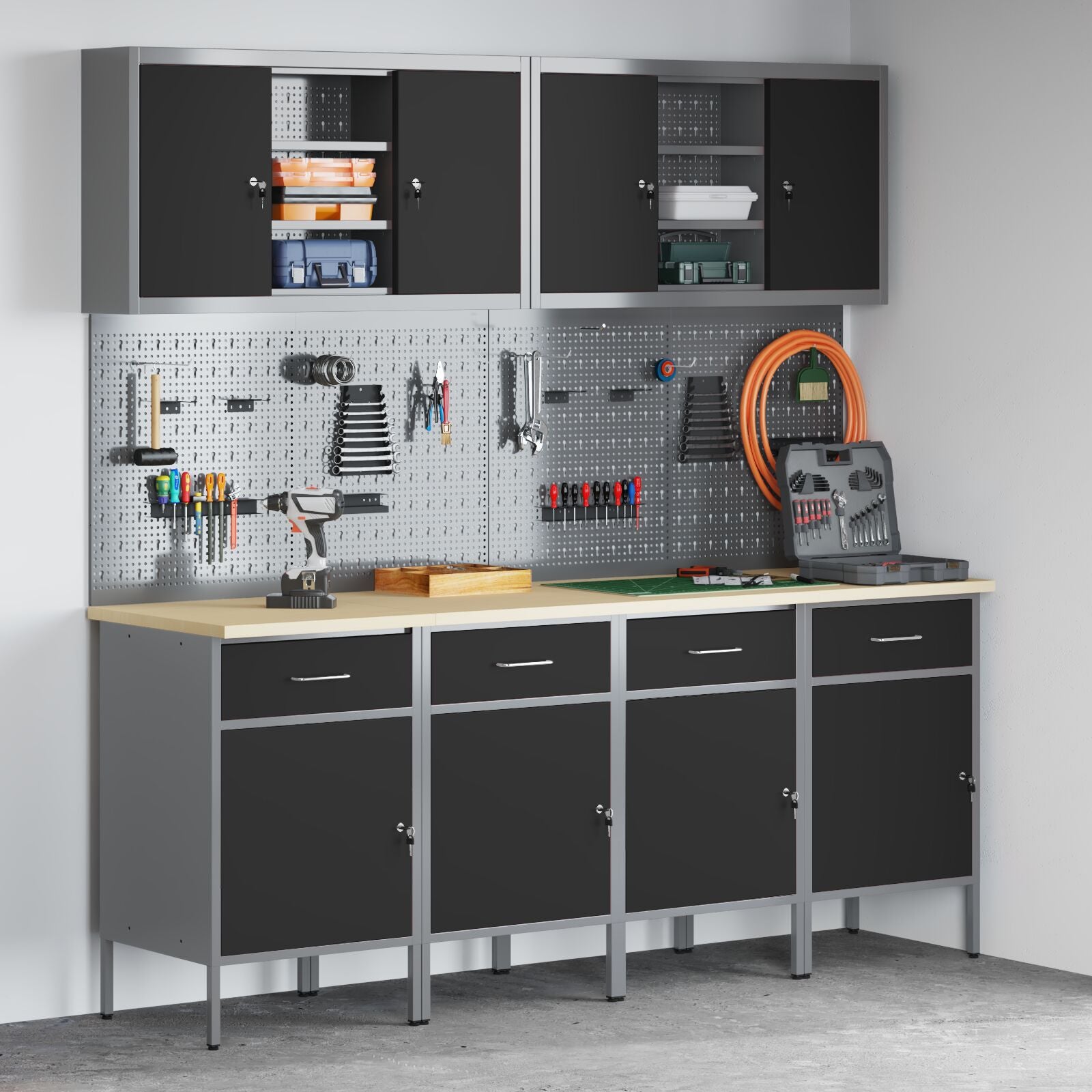 10-delt arbeidskabinett- og pegboard-sett i svart MDF og metall