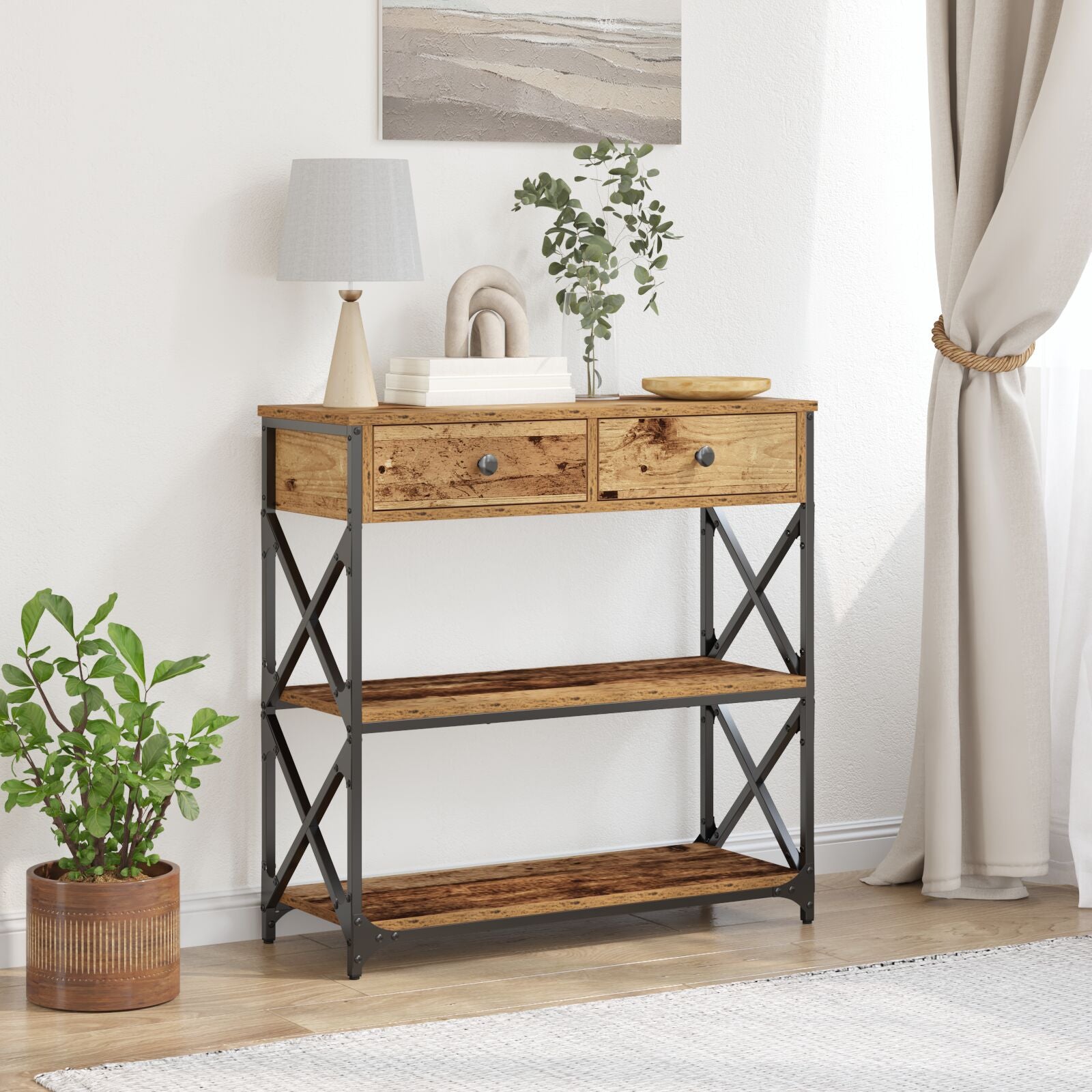 Konsollbord i gammel tre 75x28x75 cm laget av konstruert tre og stål