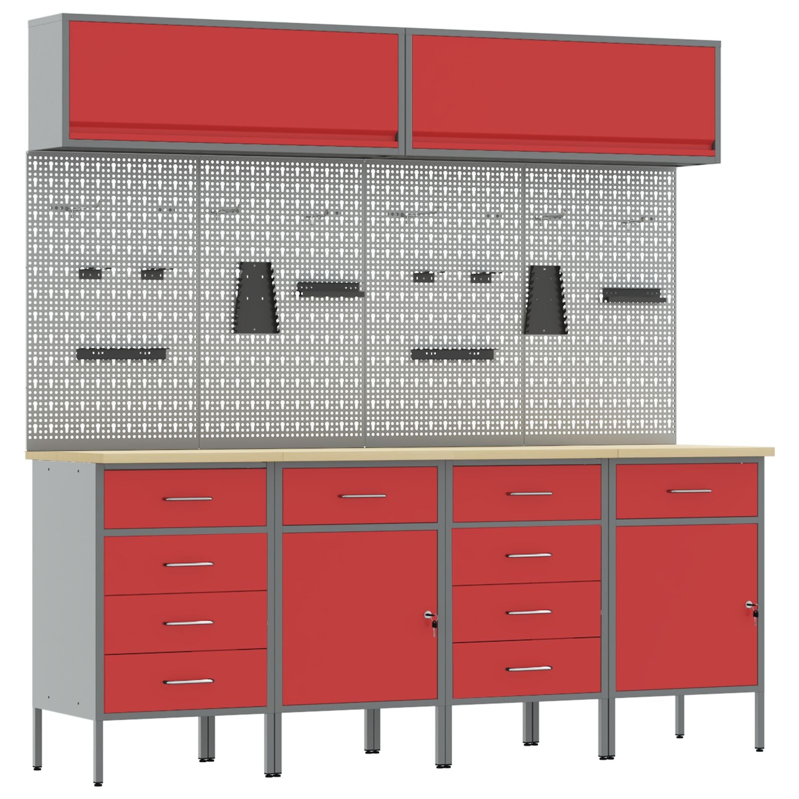10-delt arbeidskap og pegboard sett i rødt MDF og metall