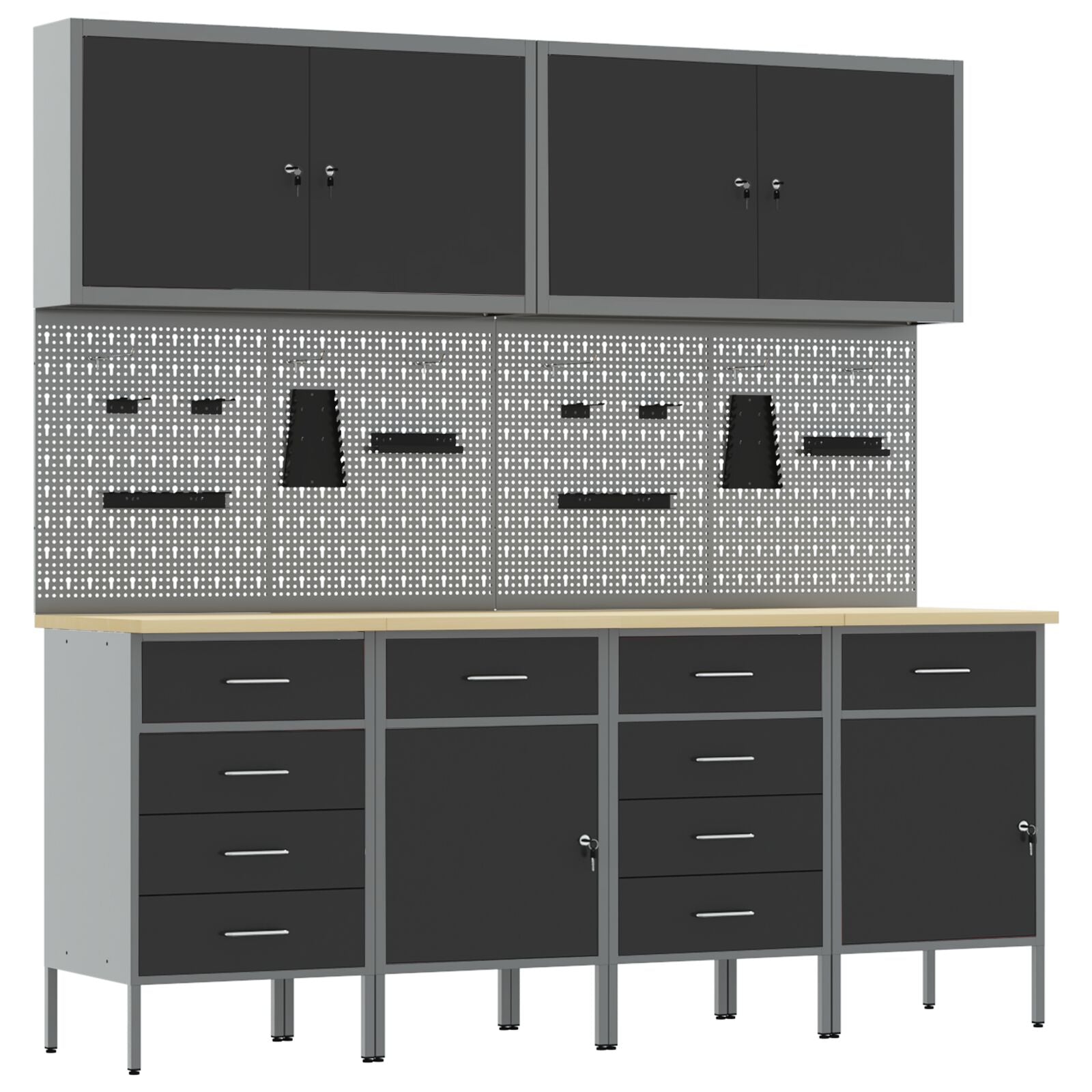 10-delt arbeidskabinet og pegboard-sett i svart MDF og metall