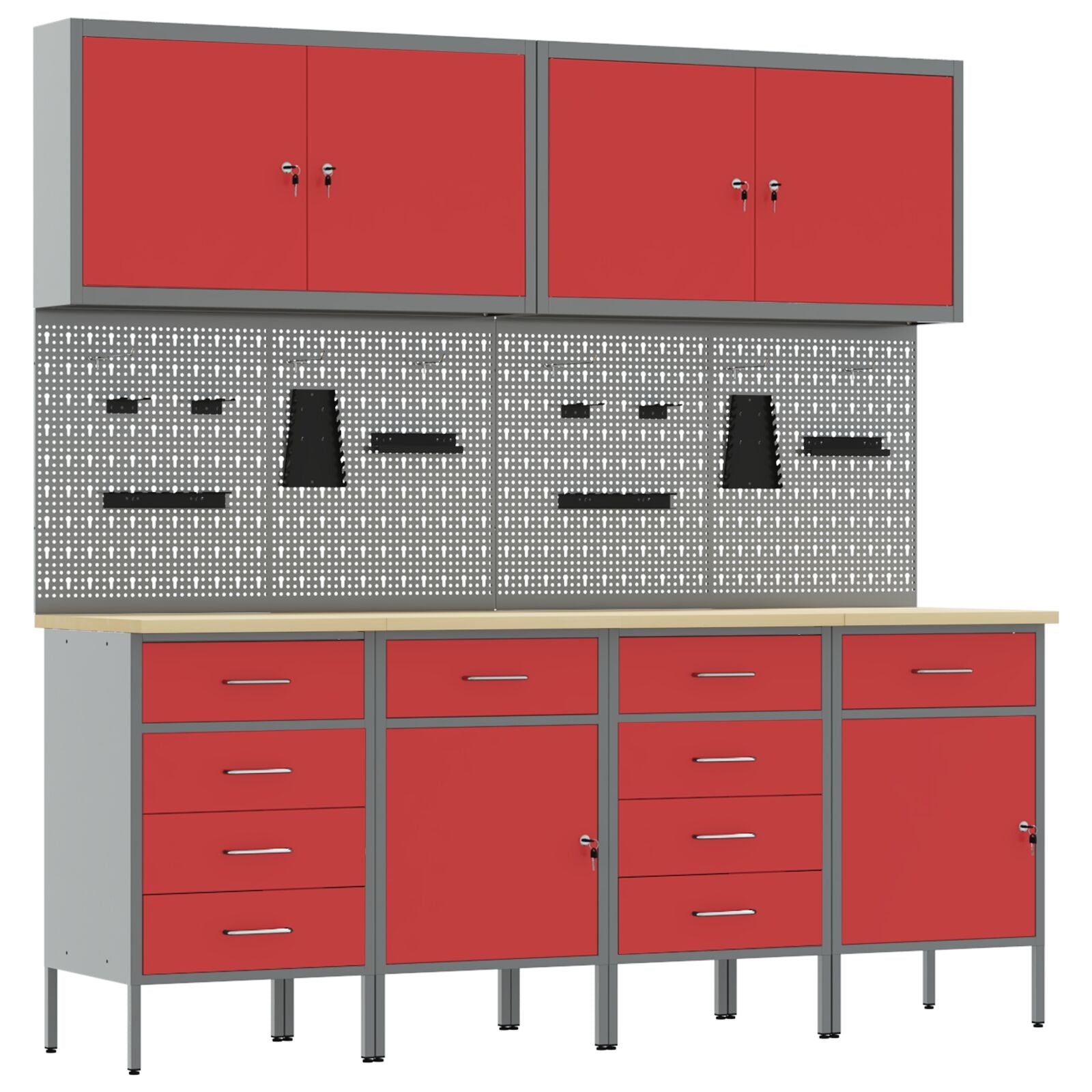 10-delt arbeidskabinett og pegboard sett i rød MDF og metall