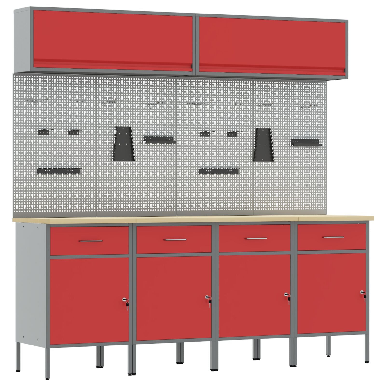 10-dels arbeidskabinett og pegboard sett i rød MDF og metall