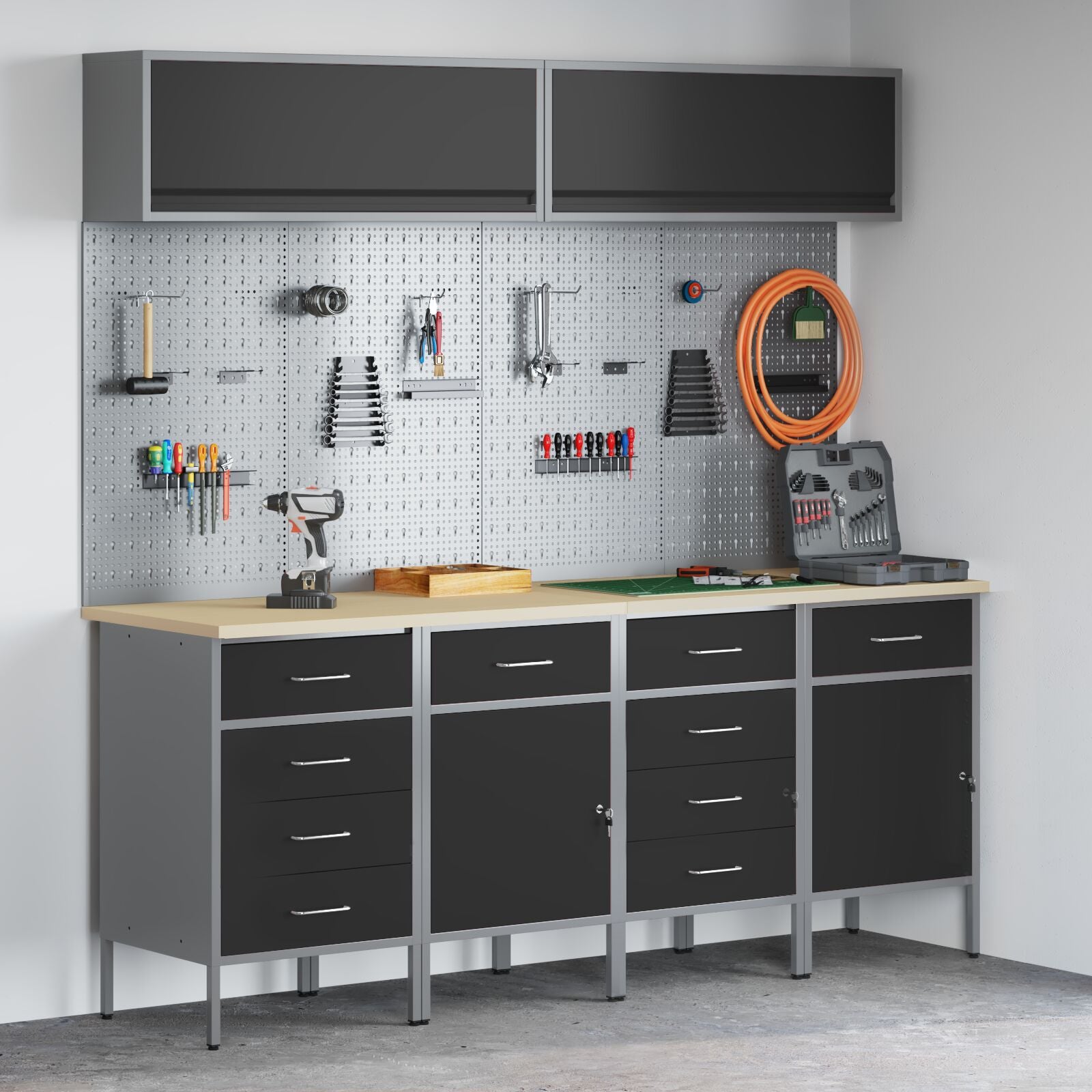 10-delt arbeidskabinet og pegboard sett svart MDF og metall