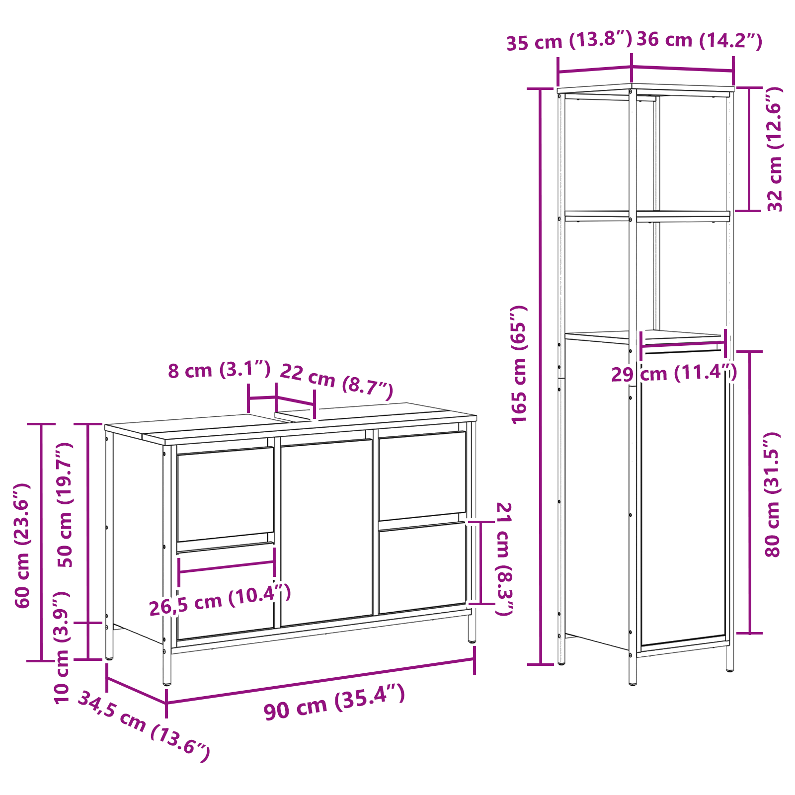 2-delt baderomsmøbelsett, røkt eik, laget av tre