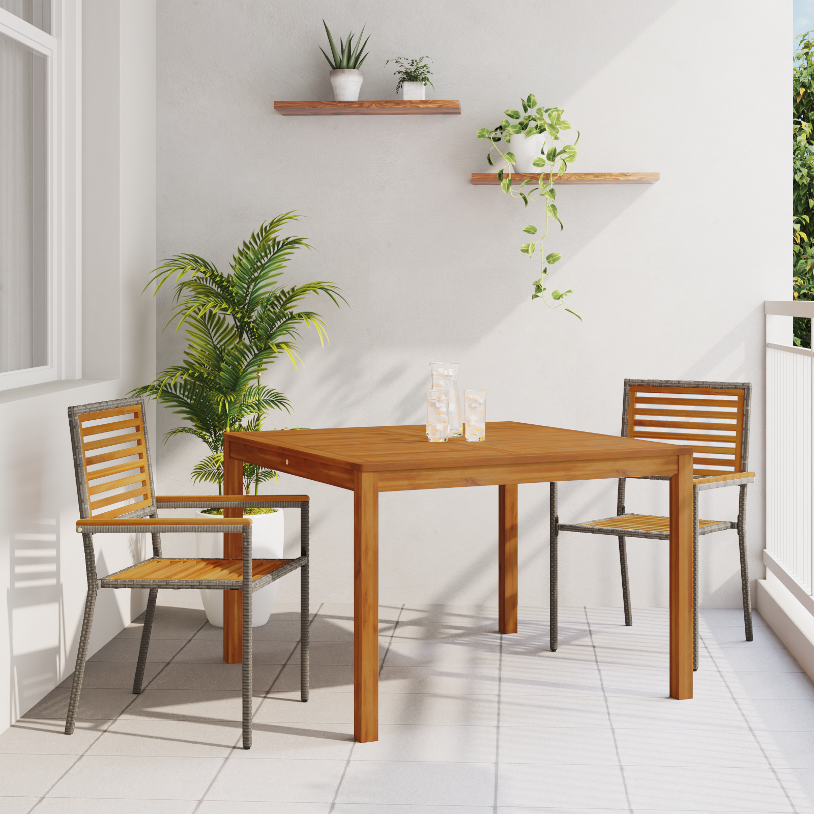 3 Delers Hage Spisestue Sett Grå Poly Rattan Akasietre