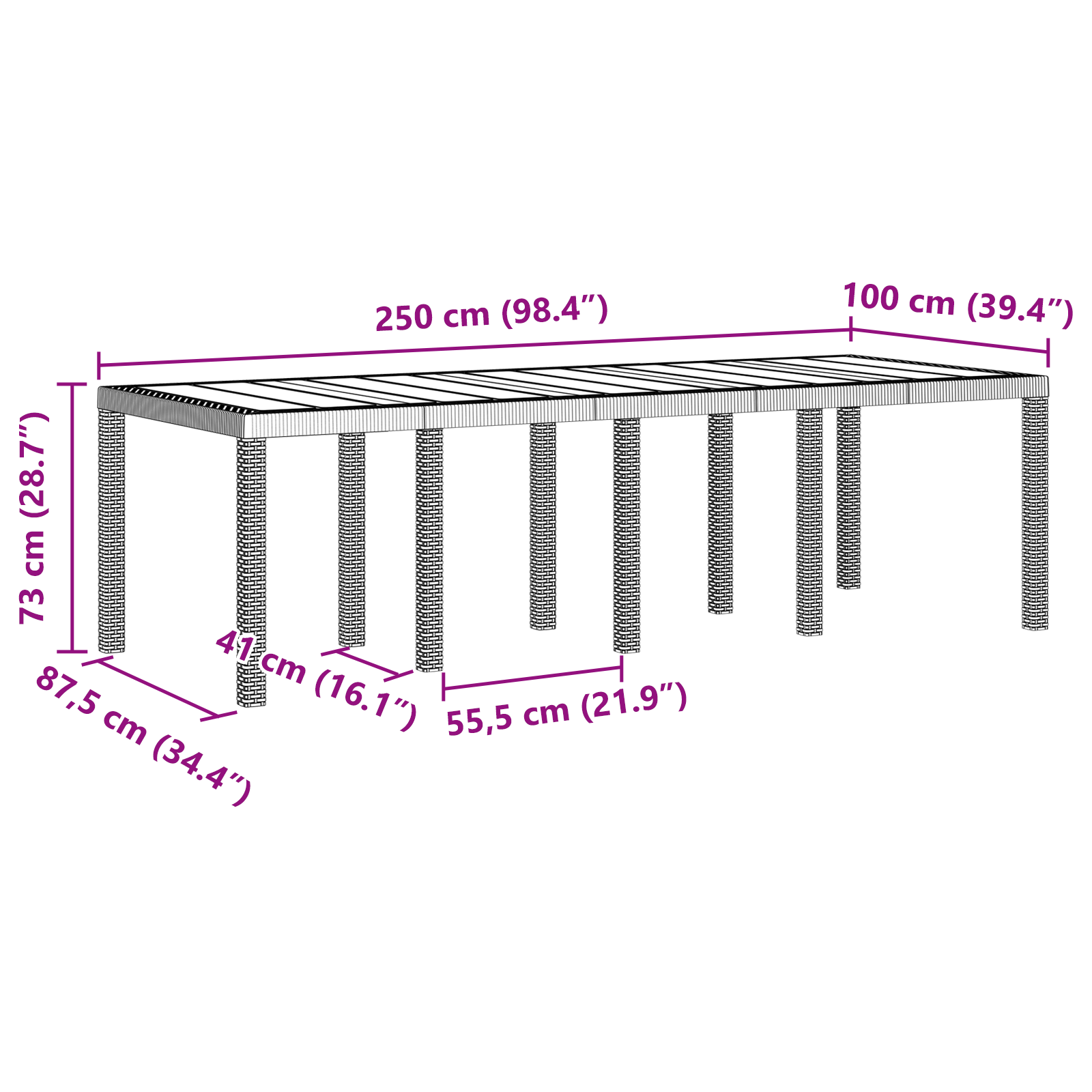 Hagebord Antrasitt 250x100x73 cm Poly Rattan