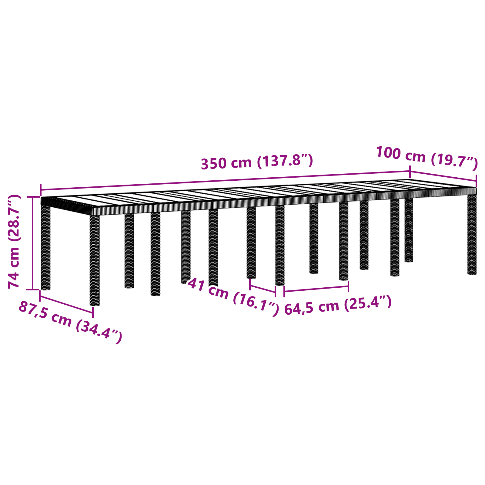Hagebord Brun 350x100x73 cm Poly Rattan