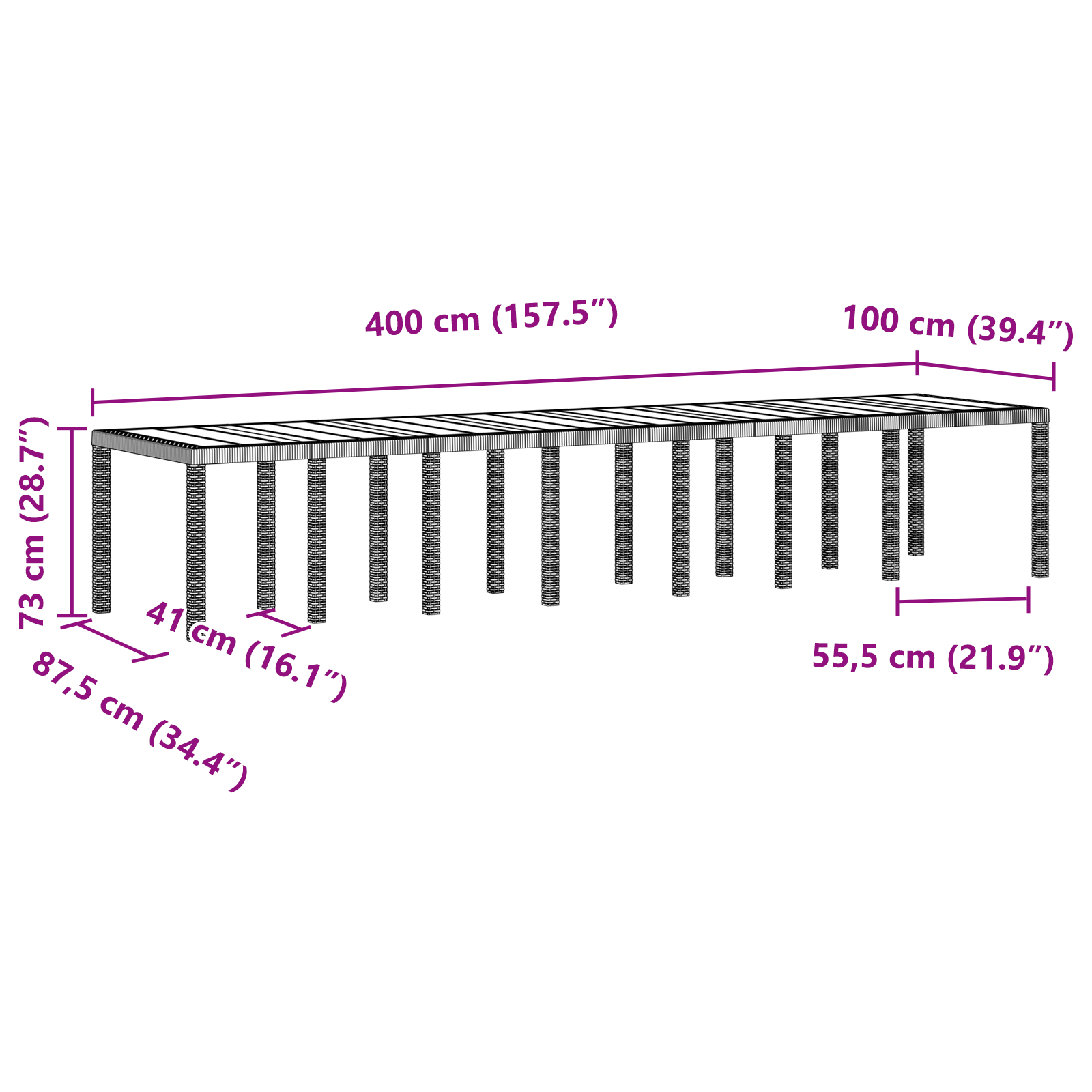 Hagebord Hvit 400x100x73 cm Poly Rattan