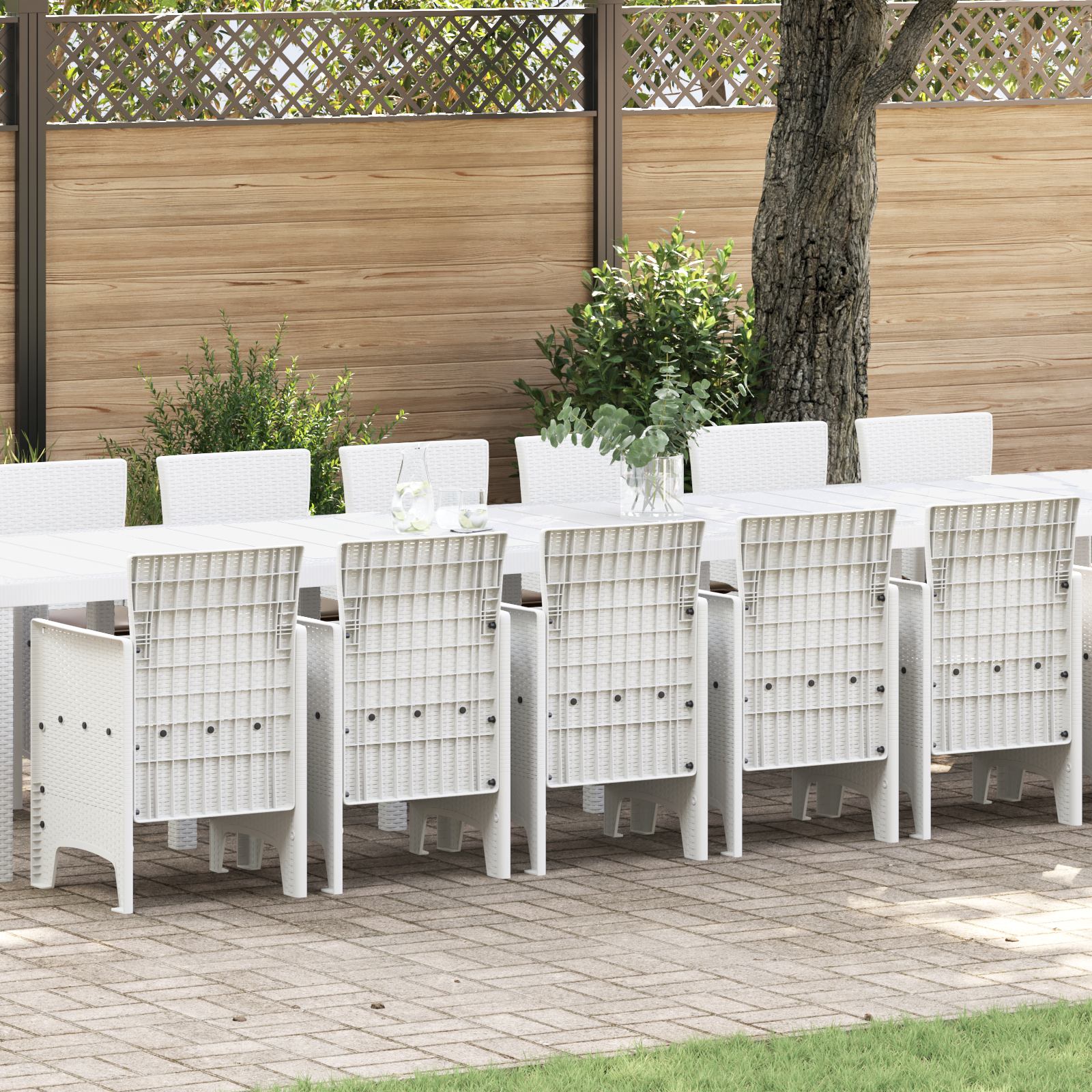 17 Deler Hage Spisestue Set med Puter Hvit Poly Rattan