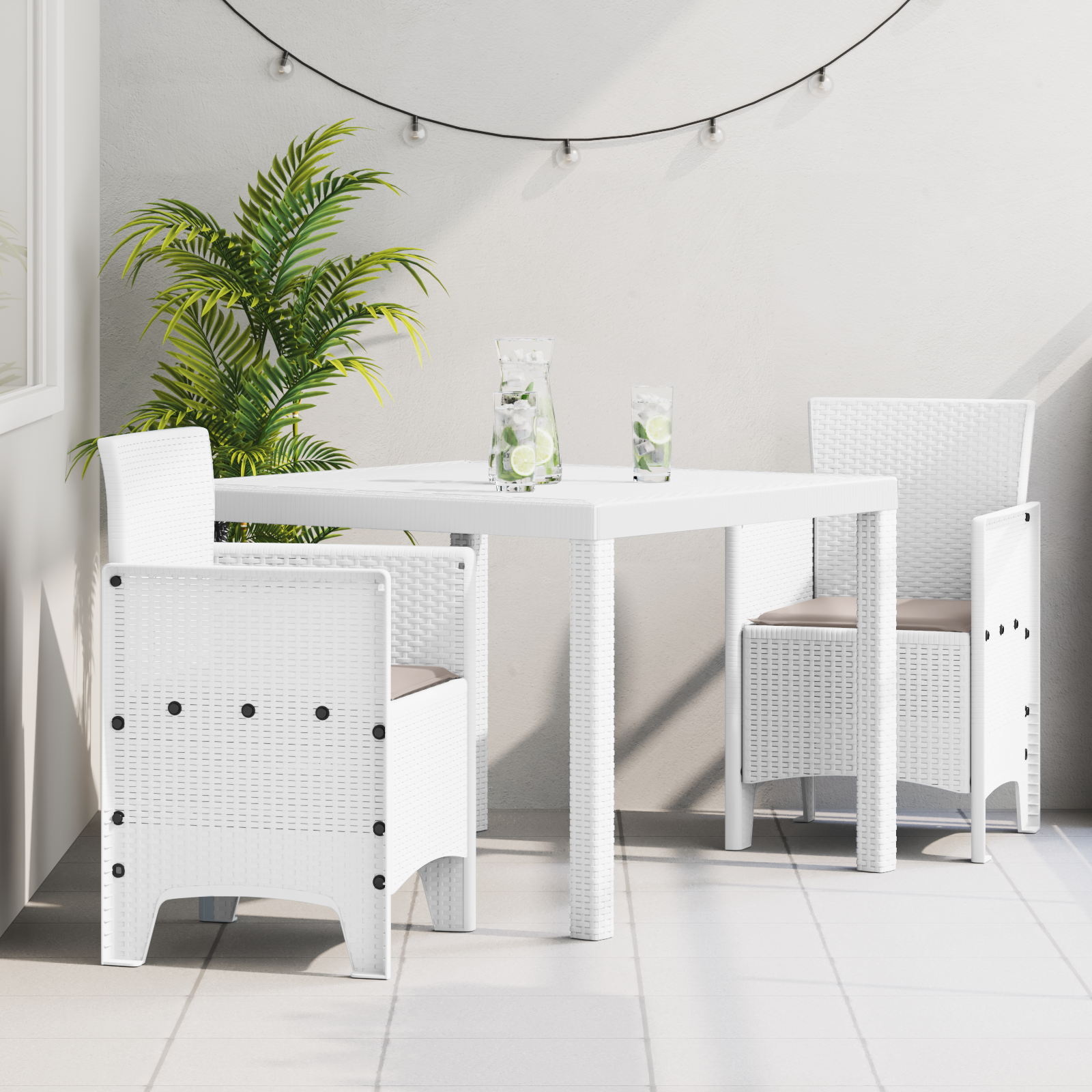 3 Delt Hage Spisebord med Puter Hvit Poly Rattan