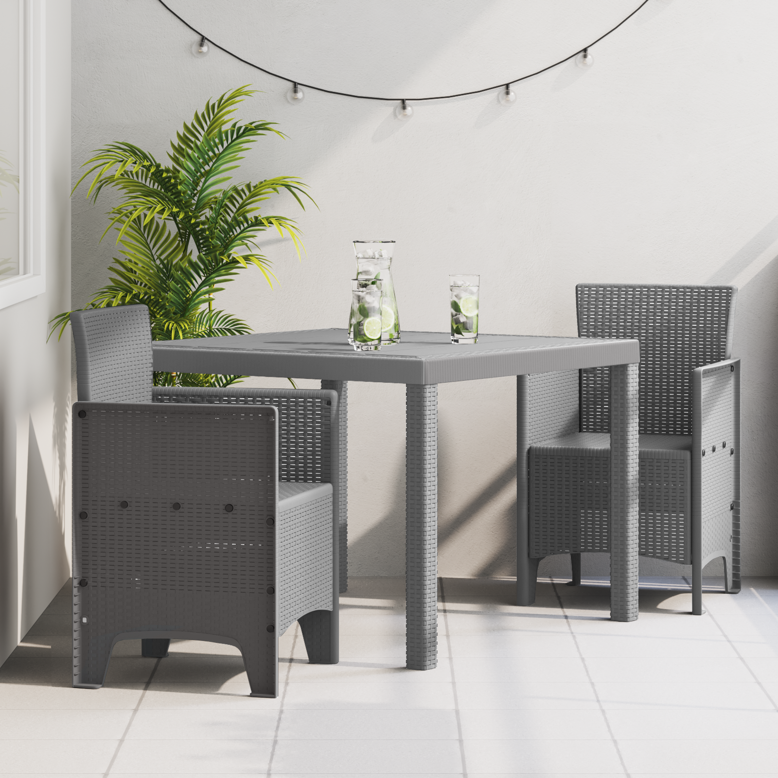 3 Delt Hage Spisebordsett Lysegrå Poly Rattan