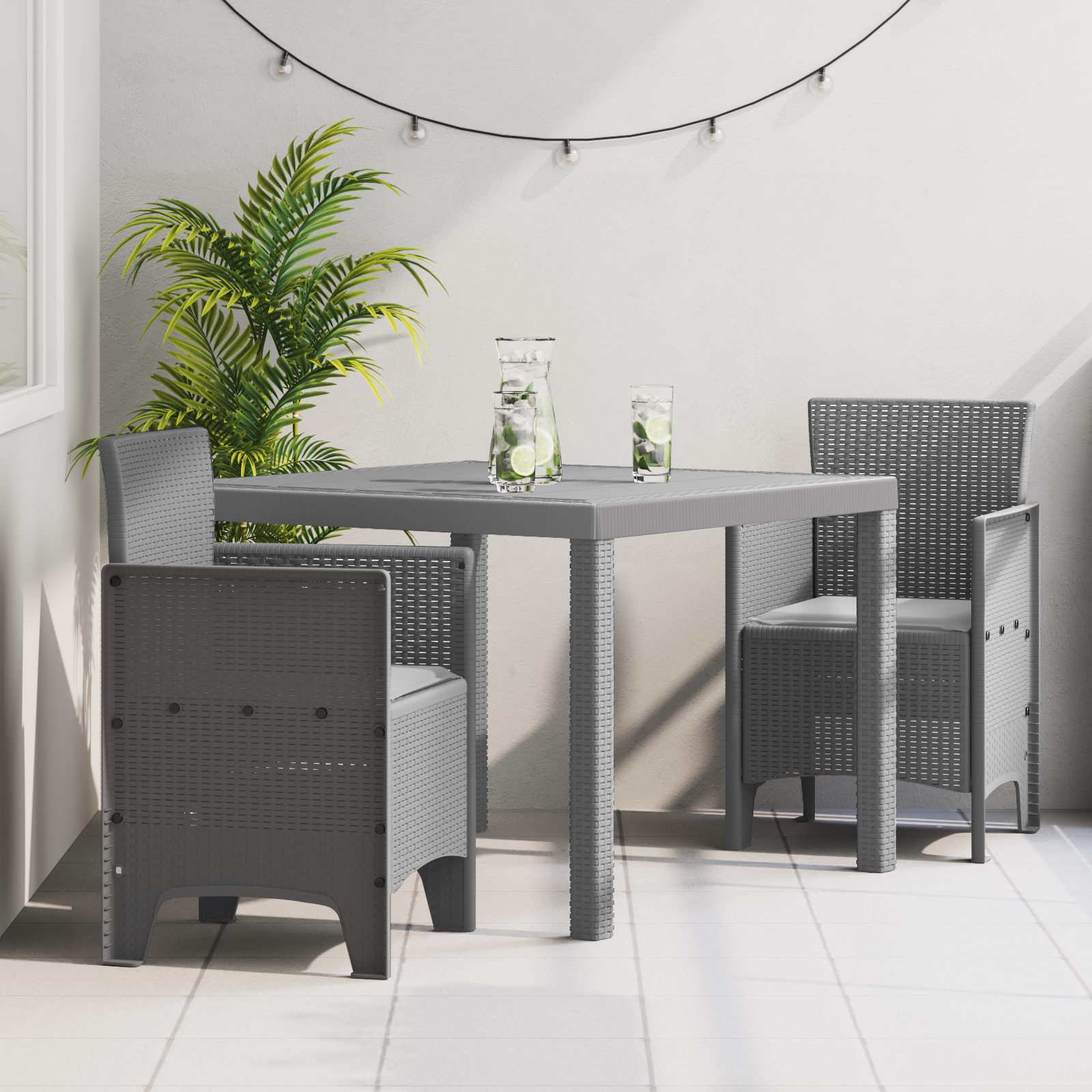 3 Delt Hage Spisegruppe med Puter Lys Grå Poly Rattan