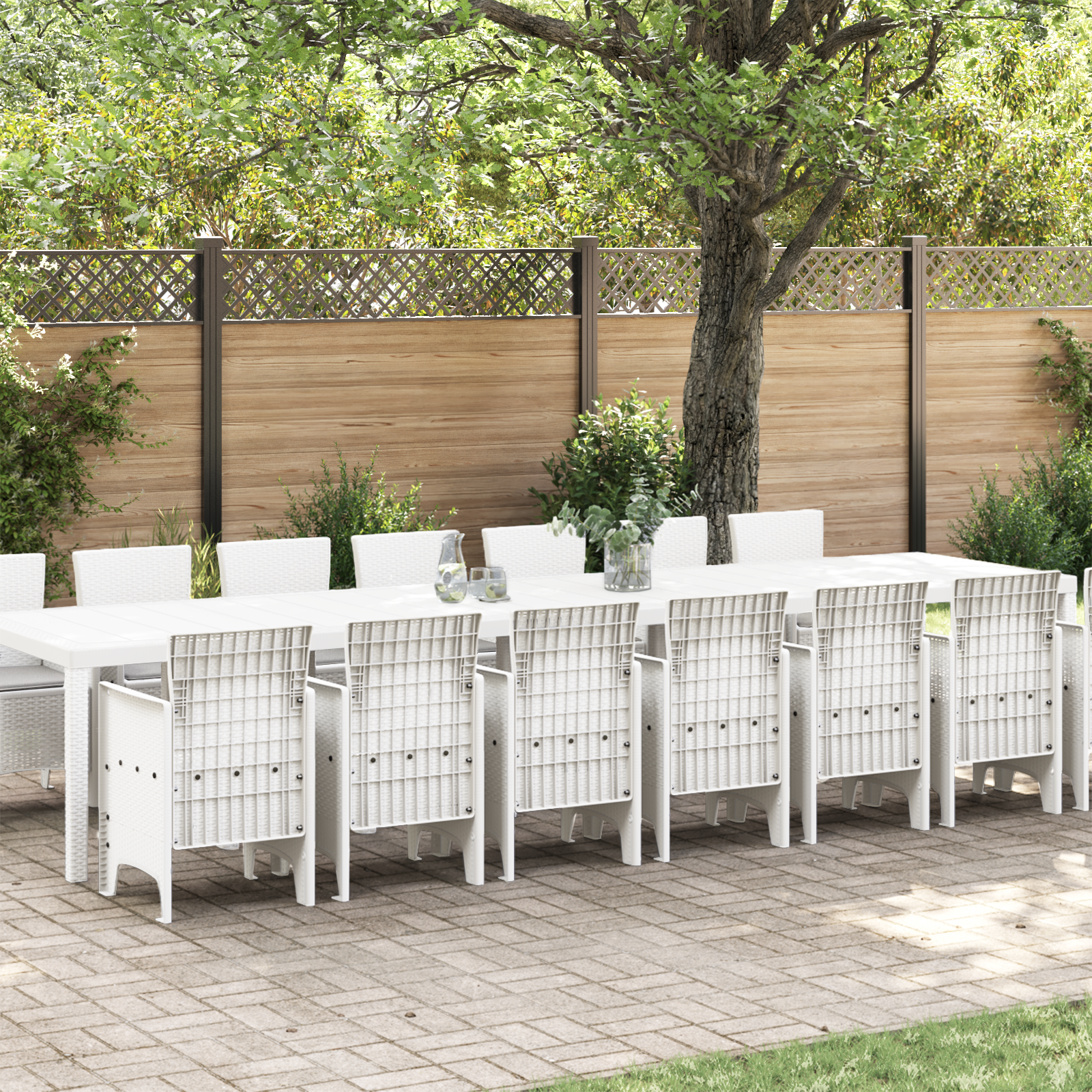 15 Dels Hage Spisegruppe med Puter Hvit Poly Rattan